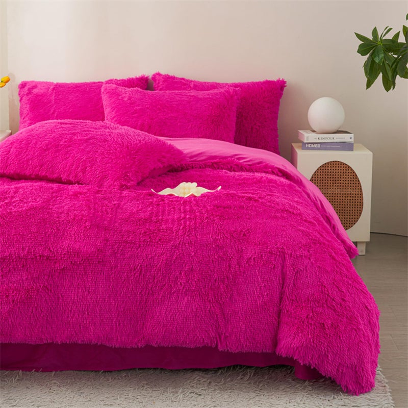 MorroMorn 5 PCS Shaggy Duvet Cover Bedding Set - Fluffy Comforter Cover Long Faux Fur Luxury Ultra Soft Cozy (Hot Pink, Full/Queen) - Image 3
